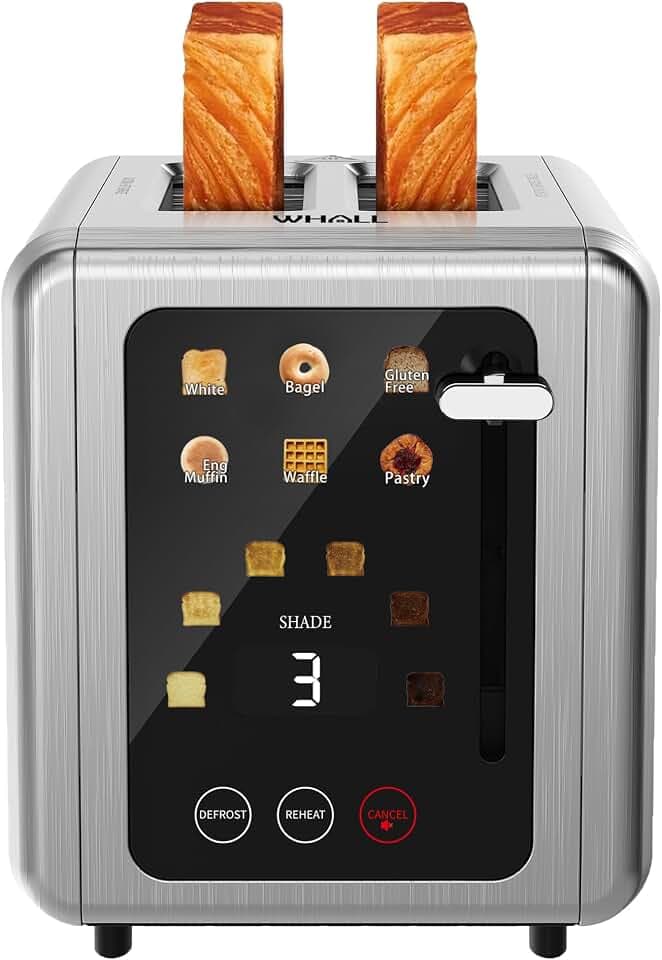 WHALL 2 Slice Toaster, Smart Full Touch Screen, Extra Wide Slots, Silver
