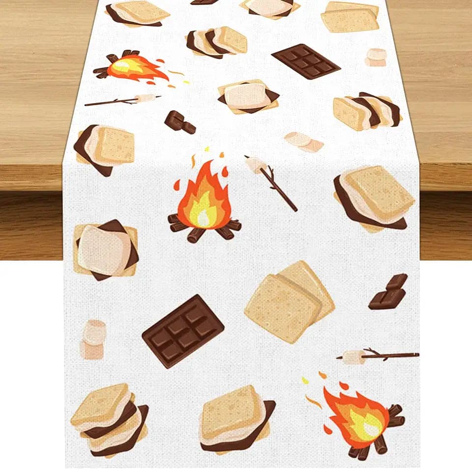 S'Mores Table Runner Bonfire Camping Party Decoration Dessert Birthday Dining Room Home Kitchen Table Decor,S'Mores:13" x 72"