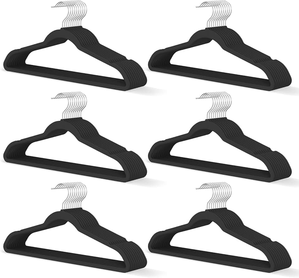 Black Velvet Hangers 60 Pack, Slim Space Saving Suit Hangers for Closet Organizer, Rotating Silver Hook, Non Slip Clothes Felt Hanger Heavy Duty for Coat,Shirt, Pants, Camisole, Dress