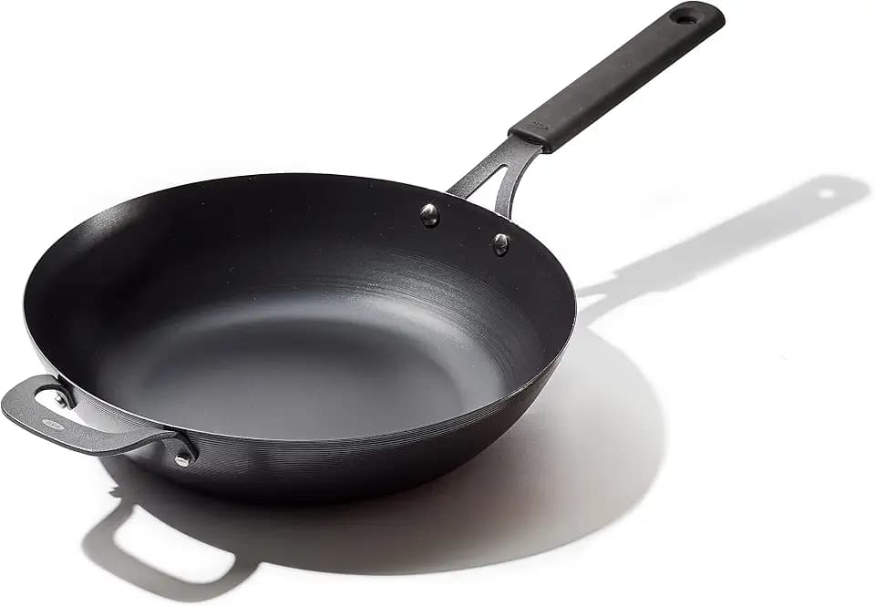 OXO Obsidian Pre-Seasoned Carbon Steel, 12" Wok Pan with Removable Silicone Handle Holder, Induction, Oven Safe, Black