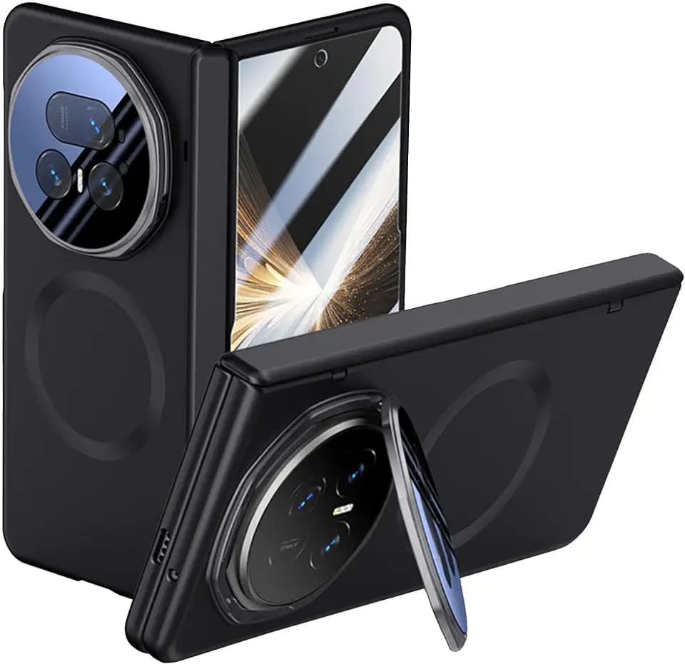 Fitudoos für Handyhülle Honor Magic V5, mit Ständer & Panzerglas Displayschutz, Mit Magnetring,Ultradünn, rutschfest, hautfreundlich Handyhülle - Schwarz
