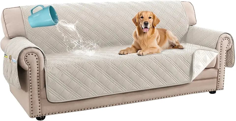 H.VERSAILTEX 100% Waterproof Couch Covers for Pets Modern Slip Covers for Sofas/Couches Thick Soft Couch Slipcover Washable (Sofa, French Oak/Beige)