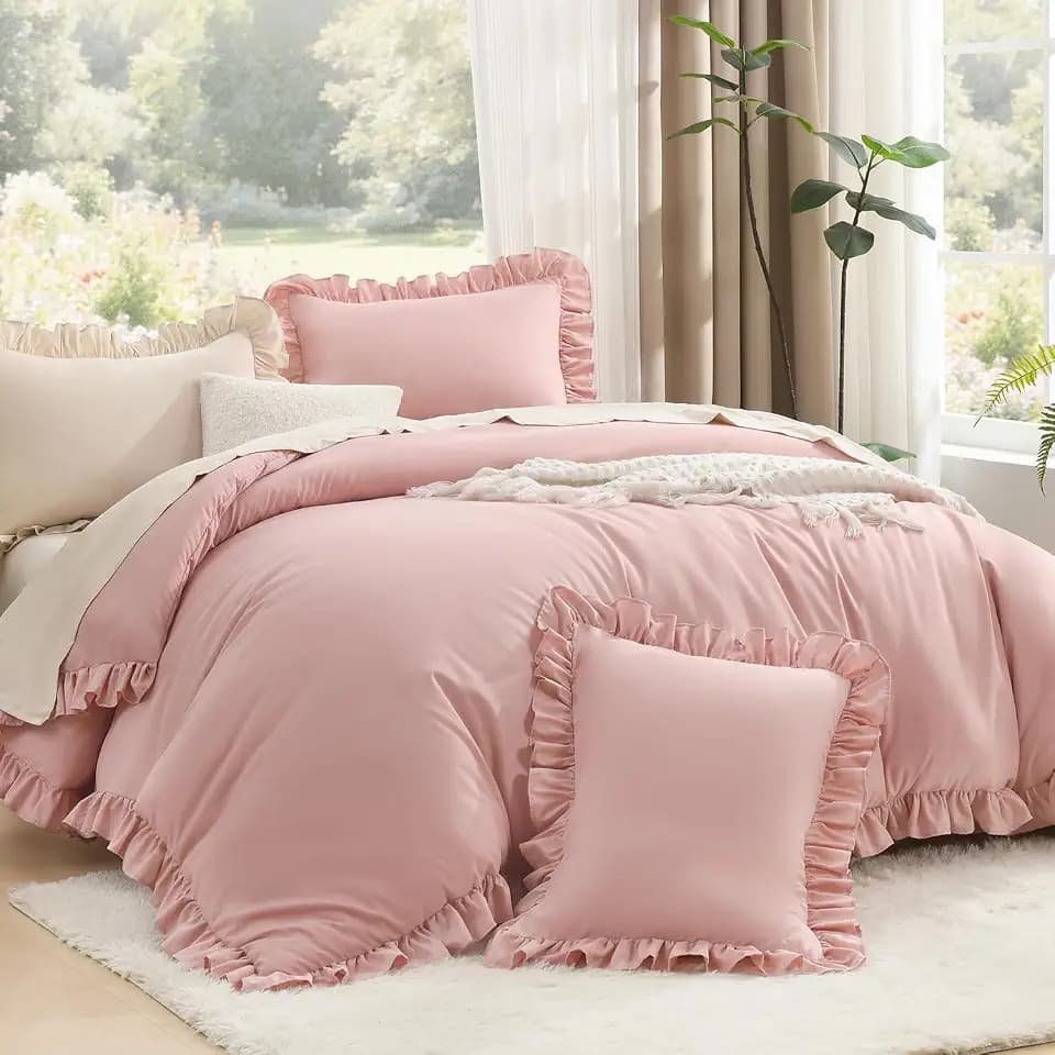 Litanika Full Comforter Set, 3 Pieces Blush Ruffle Bedding Set