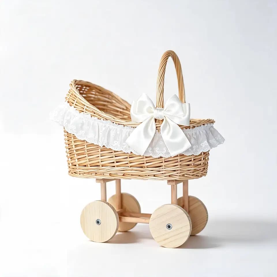 Vintage Wicker Baby Carriage Centerpiece with White Lace Trim (L Wicker Carriage a)
