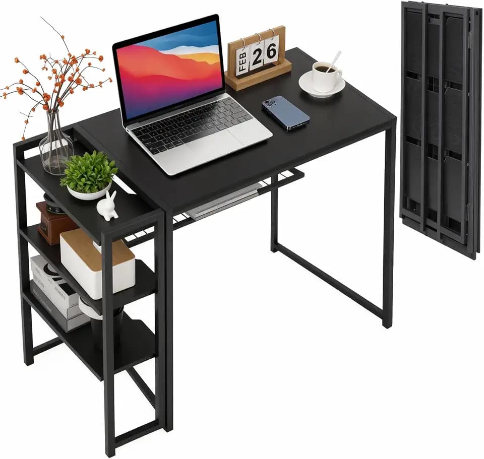 GarveeLife 38.6 inch Folding Desk Writing Computer Desk with Storage Shelf,Spaces Saving Writing Sturdy Table No Assembly,for for Bedroom, Home Office, Dorm, Apartment, Black