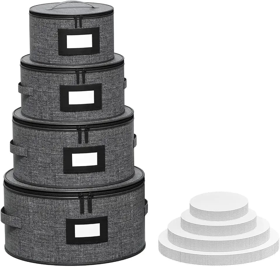 Aokeyee 4-Piece Plate Storage Set, Hard-Shell Dinnerware Organizer, Grey