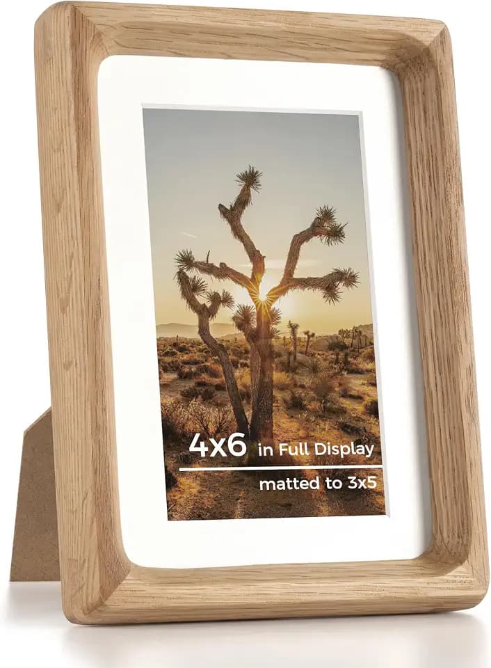 RICHFOCUS 4x6 Picture Frame USA-Sourced Natural Oak Solid Wood Photo Frame Handcrafted Rounded Corner Wooden Frame with Real Glass Display Photos 3x5 with Mat or 4x6 Without Mat