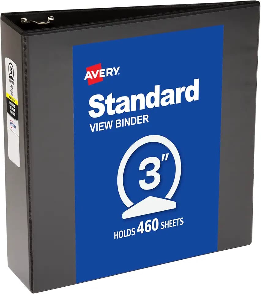 Avery Standard View 3 Ring Binder, 3" Round Rings, 460-Sheet Capacity, 3.5 Inch Wide Spine, 1 Black Binder, Ideal for Lightweight Organization and Occasional Referencing (05891)