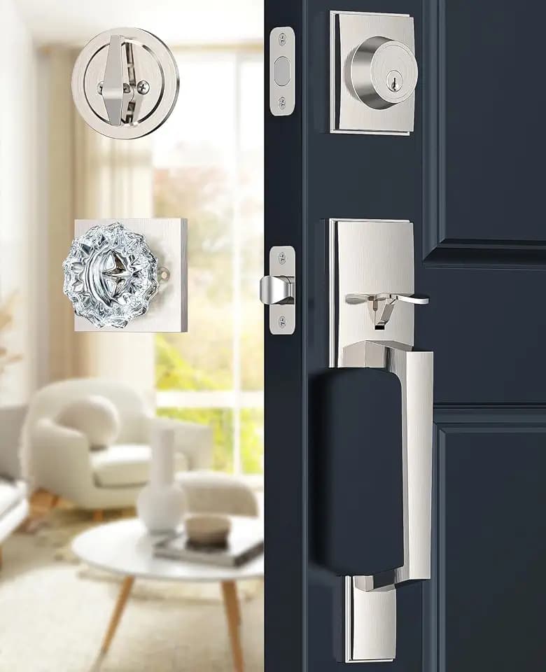 Satin Nickel Front Door Lock Set with Glass Door Knob Modern