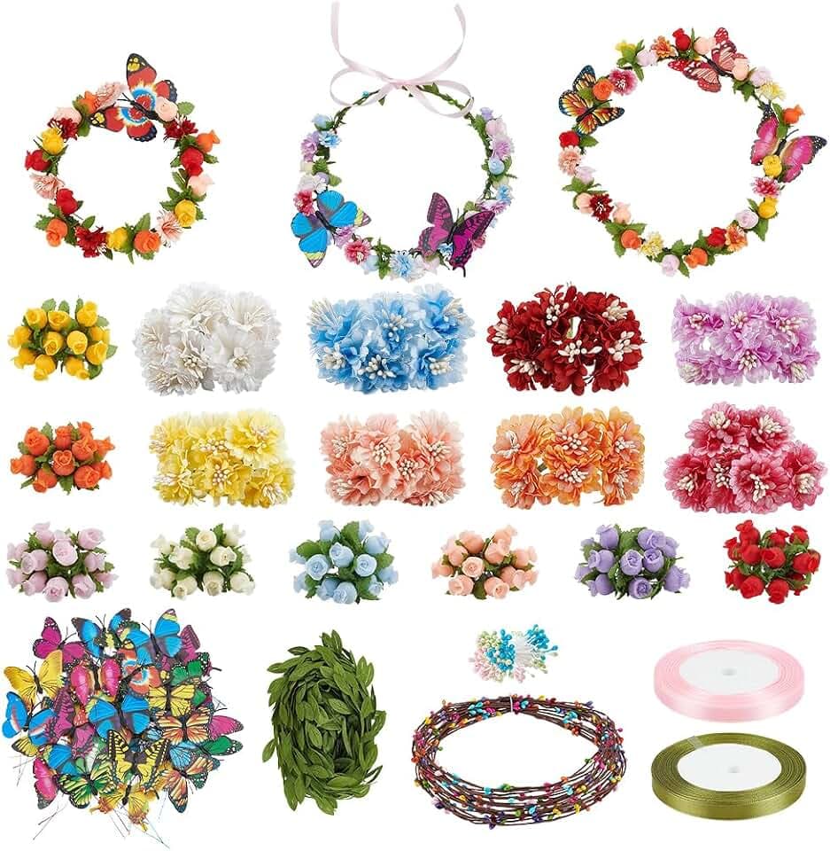 OLYCRAFT 32 Set Flower Crowns Making Kit 299Pcs Butterfly Floral Headband Makings Kit DIY Flower Crowns Making Kits Make Your Own Flowers Crown Kits for Women Birthday Party Arts Festival Decorations