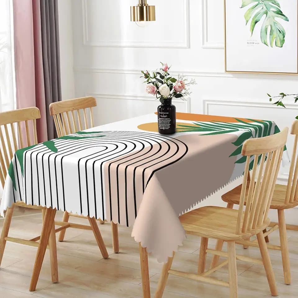 70x140inches Mid Century Modern Art Table Cloth Abstract Geometric Boho Rainbow Sun Green Leaves Tablecloths Waterproof and Wrinkle Free Table Cover for Dining Room Kitchen Patio Home Decor