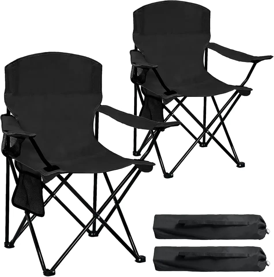 2 Pack Folding Camping Chair with Cup Holder & Side Storage Bag 300lbs Capacity Lightweight High Back Portable for Beach, Picnic, Sport, Black