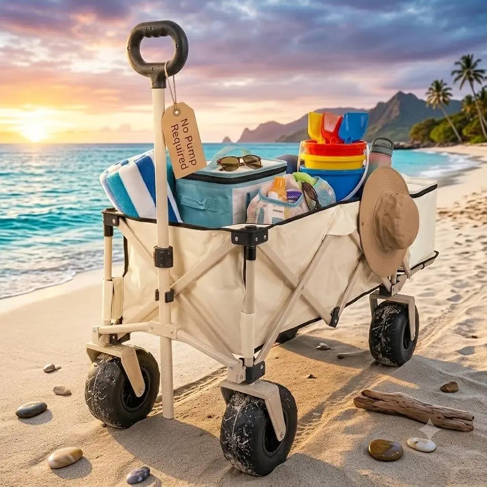Collapsible Beach Wagon with Pre-Inflated 9" Balloon Wheels – Light Sun-Reflective Fabric, Heavy Duty All-Terrain Folding Utility Cart for Sand, Gardening & Travel