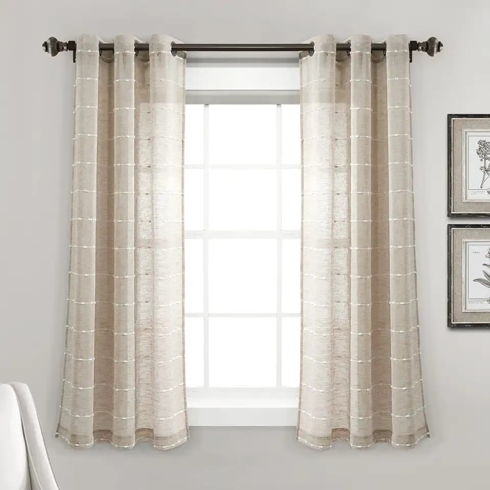 Lush Decor Farmhouse Textured Grommet Sheer Window Curtain Panel Pair, 38"W x 63"L, Neutral