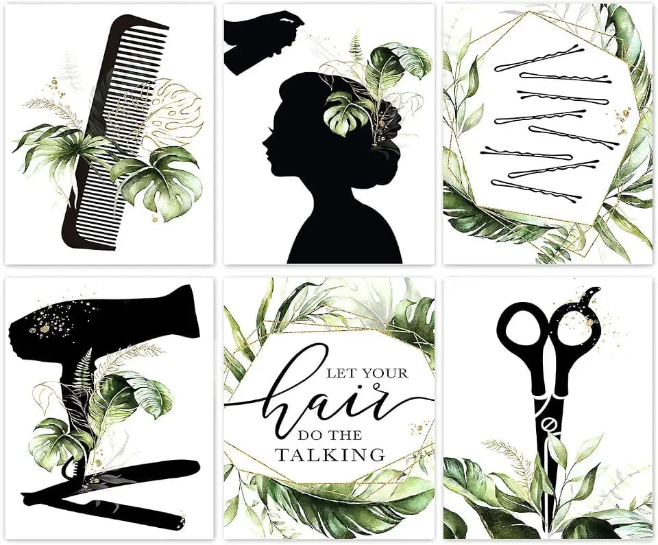 Hair Salon Hairdresser Wall Art Prints Boho Hair Salon Hairdresser Cosmetology Wall Art Canvas Painting for Beauty Salon Decor Dressing Room Girl Room and Bathroom Decoration,Set of 6(8"x10"