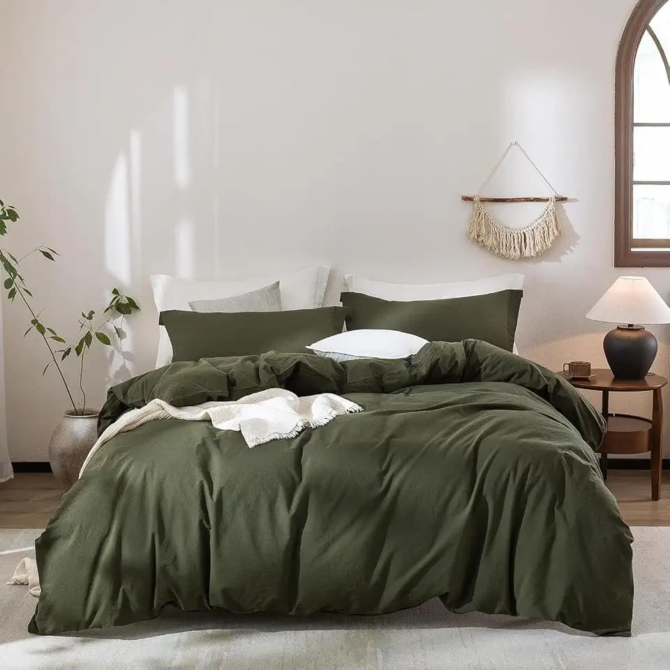 3Pcs Olive Green Solid King Duvet Cover Set Washed Cotton
