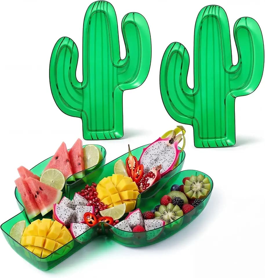 Wiwiqing 2 Pcs Cactus Serving Trays Plastic Food Platter for Mexican Party Decorations - Cactus Shaped Fruit Dish for Cinco De Mayo Taco Tuesday Fiesta Supplies Tropical Beach Tableware Decor