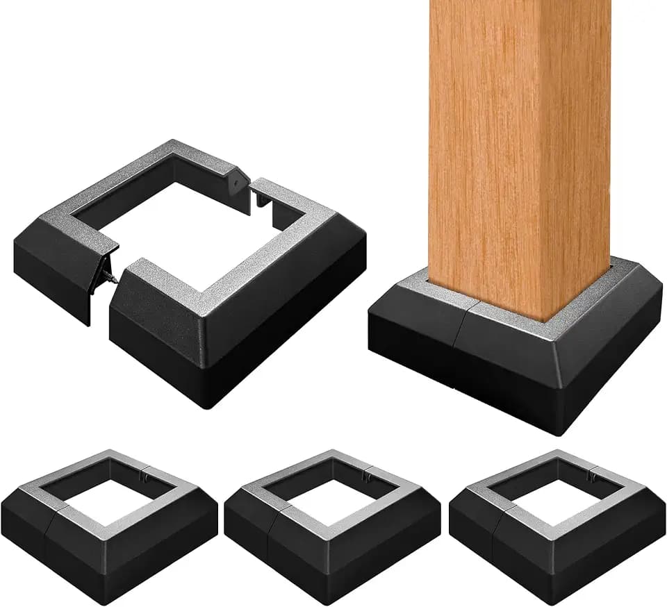4 Pack Deck Post Skirt Trim 4X4IN Black, Aluminum Porch Split Post Base Cover, Solid Post Foot Protection Replacement for Fence Stairs Outdoor Decor Railing (6.5x6.5IN Outer Size)