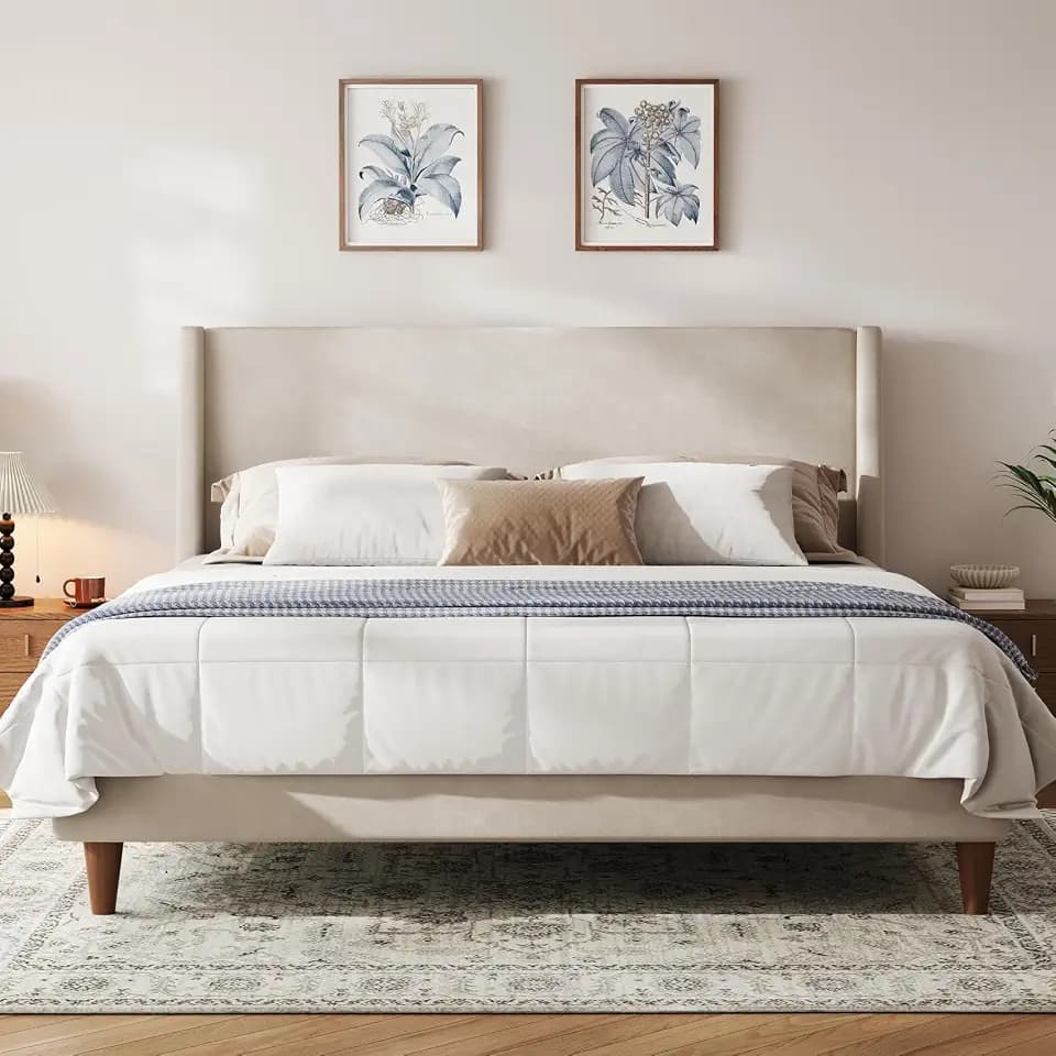 Merax Solid Wood Queen Size Velvet Bed Frame with Wingback Headboard, Modern Upholstered Platform with Walnut Wooden Legs, Strong Wooden Slats, No Box Spring Needed, Beige