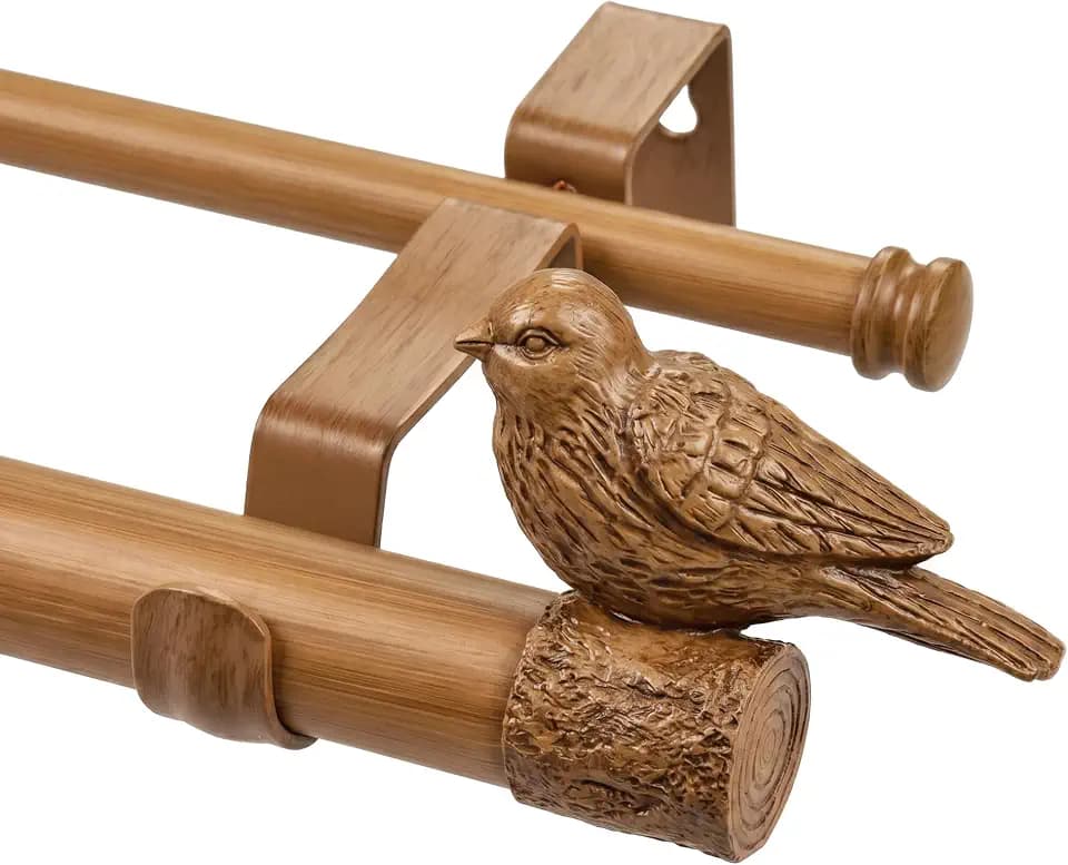 Faux Wood Double Curtain Rods for Windows 24-68 In, Dual Bird Curtain Rod