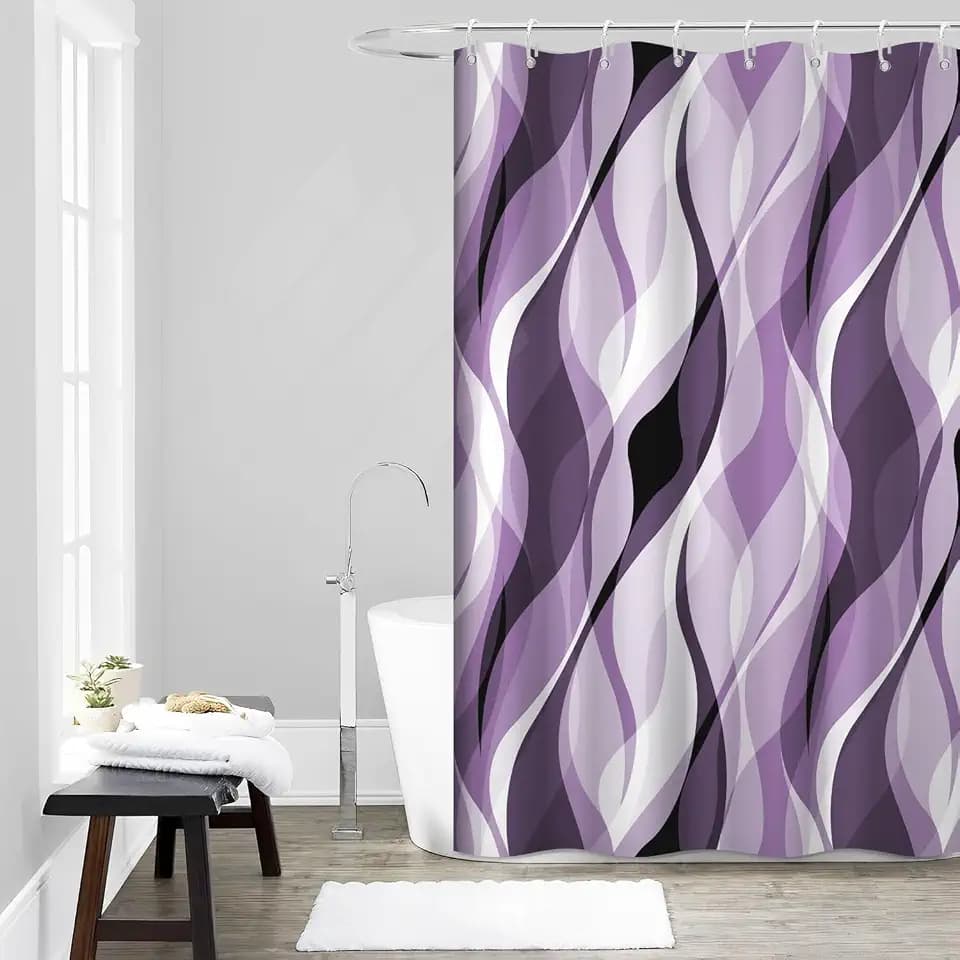 Purple Shower Curtain, Grey and Purple Striped Bathroom Decor 60x72