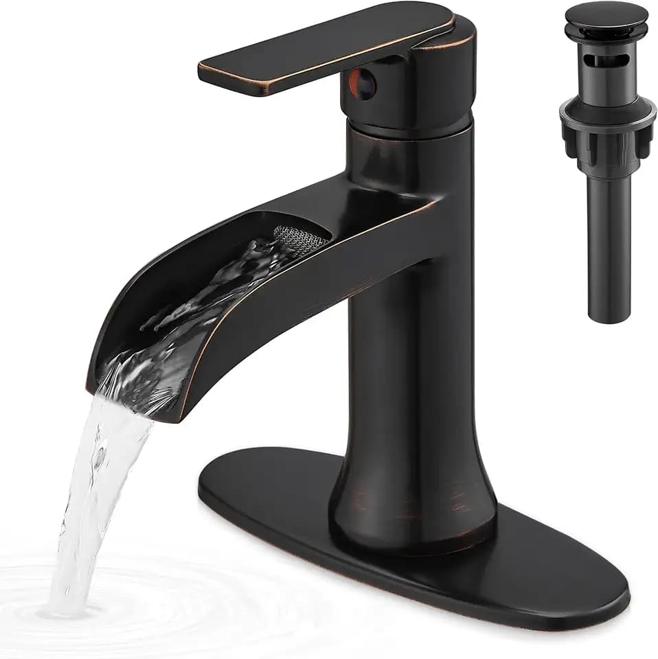 Waterfall Bathroom Sink Faucet Oil Rubbed Bronze, Brass Single Handle Bathroom Faucet 1 Hole or 3 Hole (4 Inch), Modern Bathroom Vanity Faucets with Pop Up Drain & Deck Plate for Rv Farmhouse