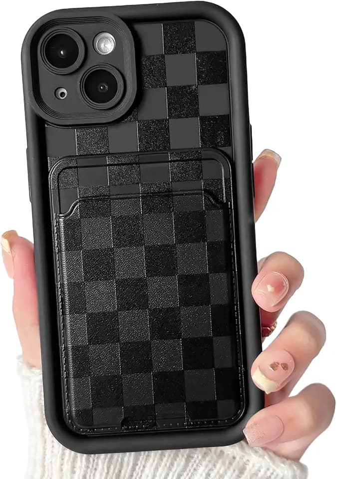 Lovmooful for iPhone 14 Plus Case Plaid with Card Holder-Black