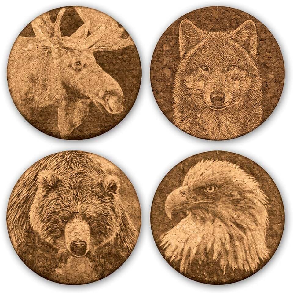 Premium Quality Laser Art Engraved Absorbent Cork Drink Coasters by GrafixMat, Set of 4, Natural Cork, Dual Layer Won’t Chip or Break, Cushion Feet, Color Image & Story on Back, Animals