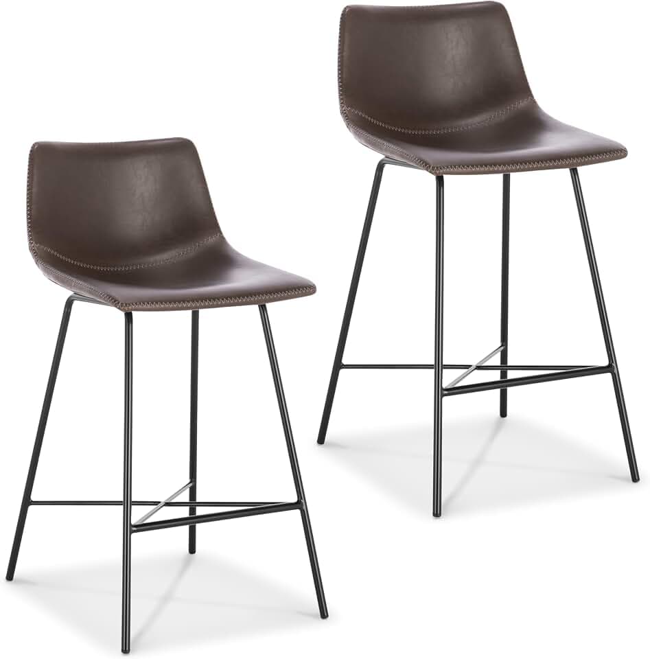 POLY & BARK Paxton Leather Counter Stools 24 Inches – Set of 2 - Counter Height Bar Stools with Back – Modern Barstools for Kitchen Island or Counters – Faux Leather & Matte Black Steel Base – Brown