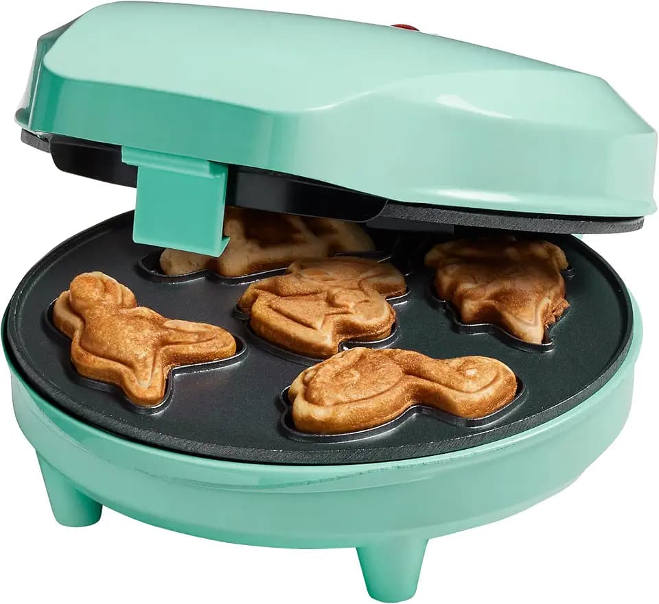 Bestron Waffeleisen für Mini-Dino-Cookie's, Mini-Cookie-Maker in Dinosaurier-Motiven, Waffeleisen für Mini-Waffel-Kekse, mit Backampel & Antihaftbeschichtung, 700 Watt, Farbe: Mint
