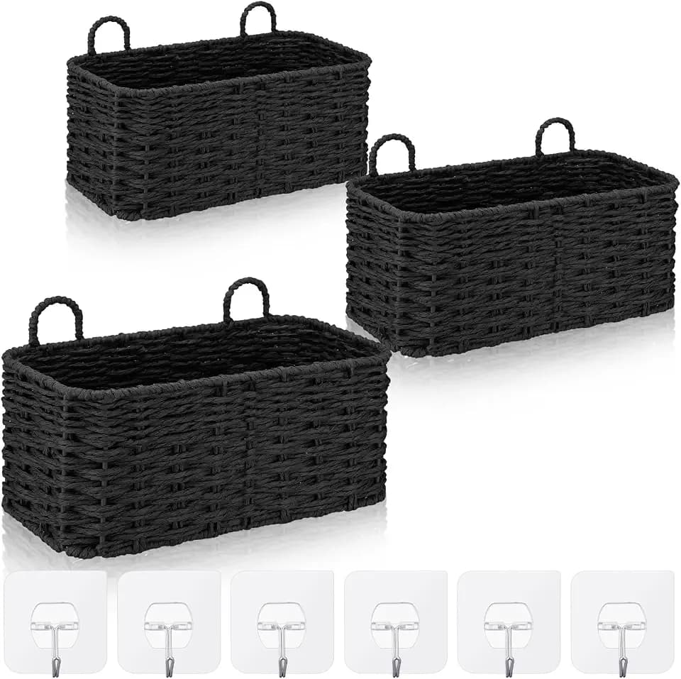 3 Pcs Wall Hanging Baskets,Rectangle,Black,Paper Cord