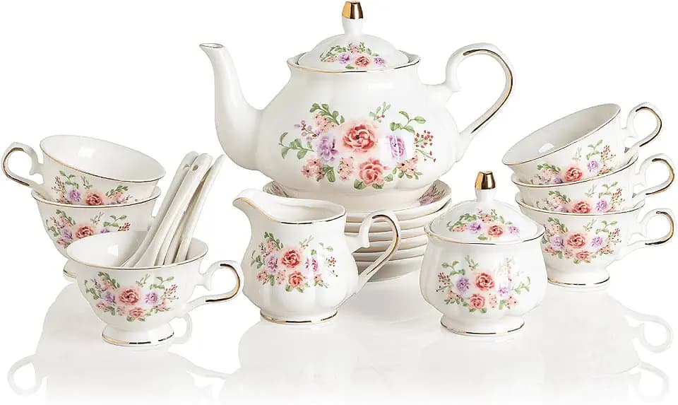 Sweejar Porcelain Tea Set Vintage Floral, British Relief Gold Rim Teapot Cup and Saucer Sets, 22-Piece Tea Sets for Adults, with Teapot, Sugar Bowl, Milk Jug, Spoons, Cup and Saucer (Rose Flower)