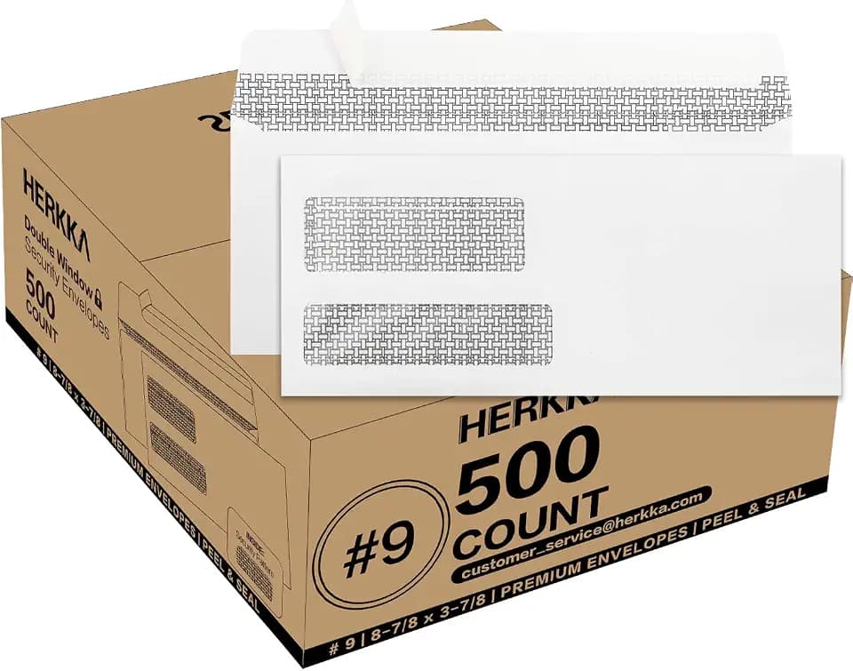 #9 Double Window Security Envelopes, HERKKA No.9 Double Window Business Envelopes Designed for Invoices and Business Statements - Number 9 Size 3 7/8 Inch X 8 7/8 Inch - 24 LB - 500 Pack