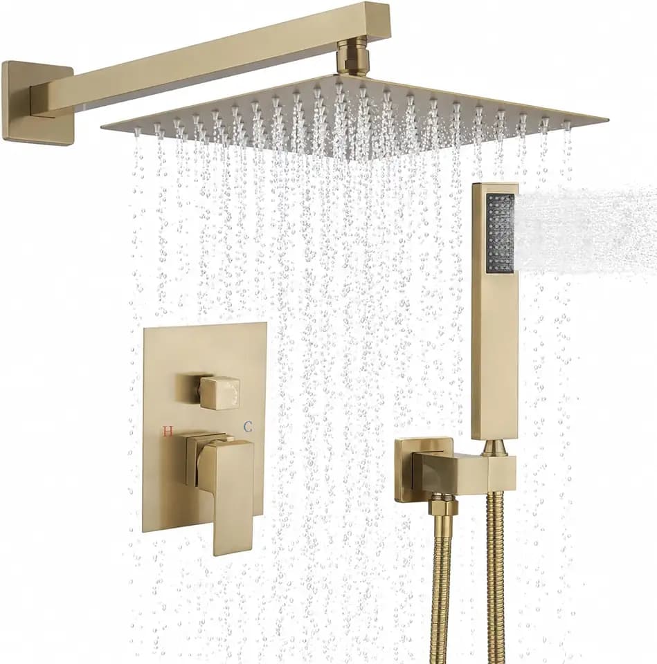 BWE 10 Inch Brushed Gold 2-Faction Wall Mounted Bathroom Shower System