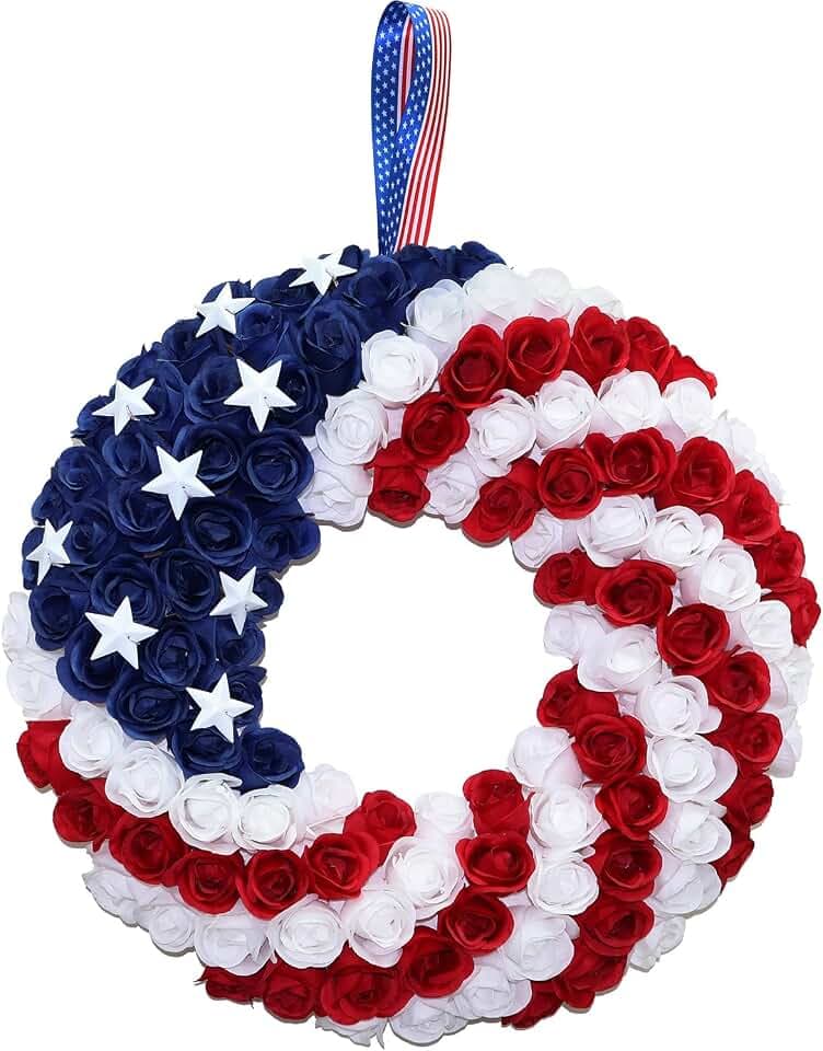 Silk Roses 4th of July Wreath - Red White Blue Patriotic Wreaths for Front Door, Memorial & Independence Day Decorations, Americana Decor for Porch Door Wall Window Indoor Outdoor (18“)