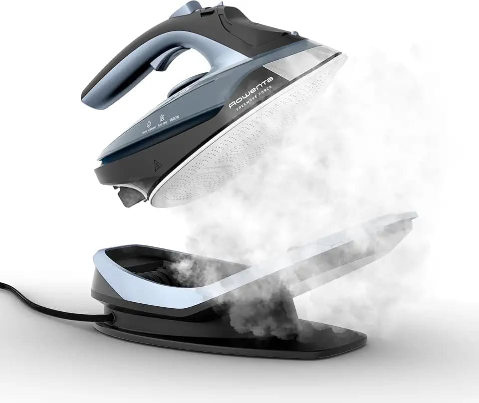 Rowenta Freemove Cordless Iron with Steam, 1600 Watts, Stainless Steel Soleplate, Rapid Heating, Portable Steamer for Clothes, Rechargeable for Wireless Ironing, Handheld Steamer Iron, Blue, DE6730
