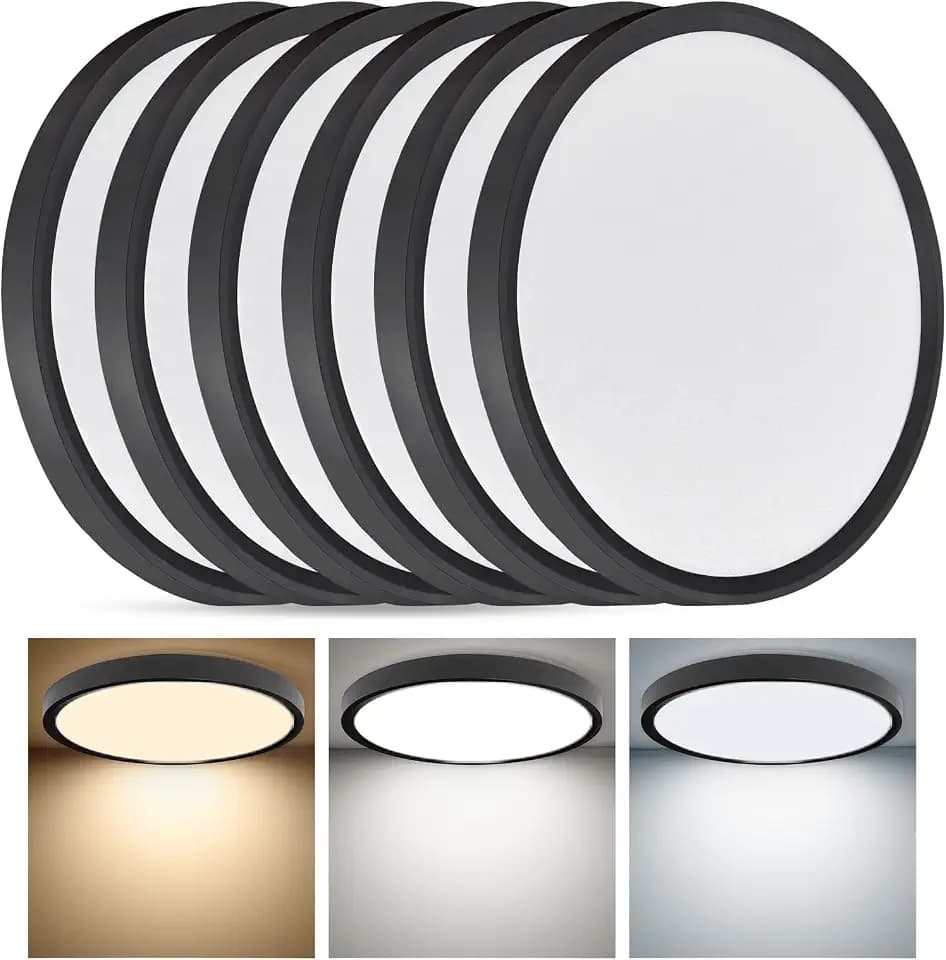 6PK 12 Inch Super Slim LED Flush Mount Ceiling Light, 24W, 2520LM, Selectable 3000K/4000K/6000K CCT, Low Profile Round Flat Panel Light for Bedroom, Kitchen, Hallway (Black)