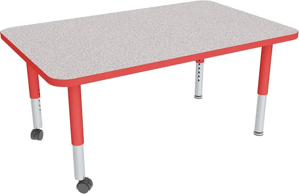 Sprogs Adjustable Height Mobile Classroom Activity Table for Preschools, Rectangle Preschool Activity Table with Casters, 30"D x 60"W x 23"H, Gray/Red
