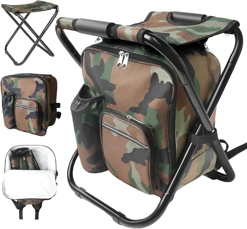 Folding Stool Backpack Cooler, Camping Fishing Chair for Beach, Travel Camo