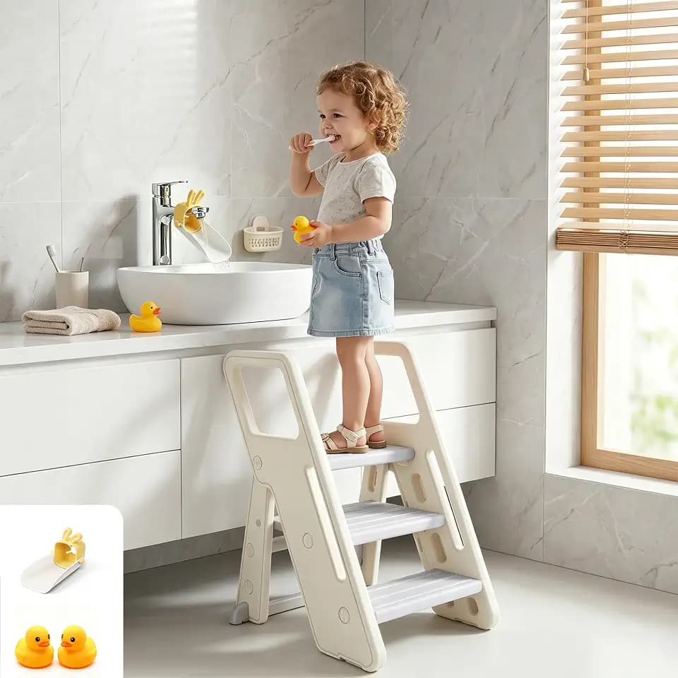Toddler Step Stool, Foldable 3 Step Stool for Toddlers with Handles
