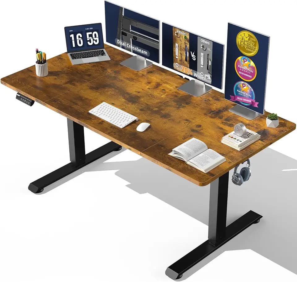 Veken 63"x28" Wider Large Standing Desk, Electric Height Adjustable, Brown