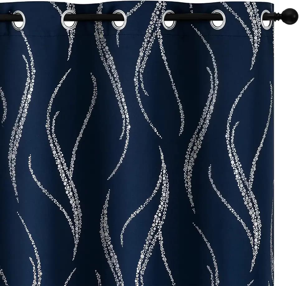 Yakamok Navy Blue Blackout Curtains for Livingroom Silver Print W52 x L90