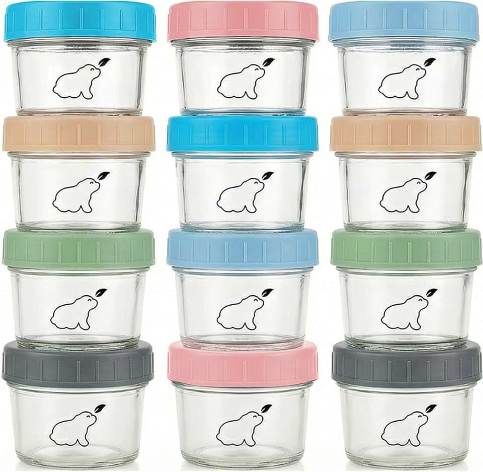 Vorratsdosen Glas für Babynahrung, Glasfrischhaltedose 120ml (12 Stk) - Gefrierdosen Klein mit Schraubdeckel, Glasbehälter Rund Mikrowellenfest (Außer Deckel) - Schadstoffrei, Mehrweg