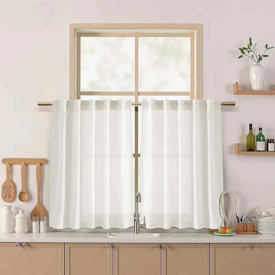 Nanspring Beige White Kitchen Curtains 36 Inch Length,Linen Blend Small Cafe Curtain Light Filtering Short Window Curtains for Bathroom Basement Back Tab and Rod Pocket,40 x 36 Inch 2 Panels