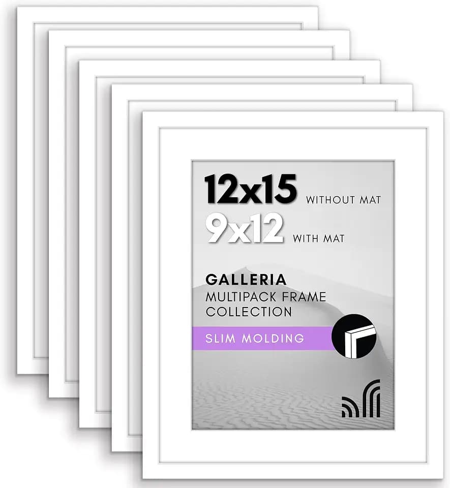 Americanflat 12x15 Picture Frame 5-Pack - Matted to 9x12 - White