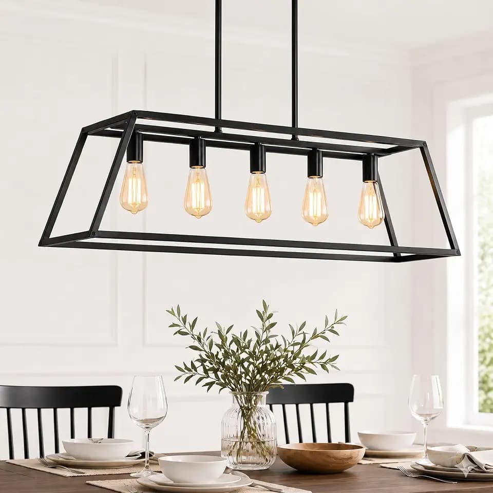 Black Kitchen Island Lighting, 5-Light Farmhouse Chandeliers, Modern Industrial Linear Rectangle Pendant Light Fixtures for Dining Room Kitchen Bar Foyer(Metal, E26 Base)