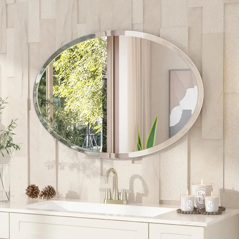 VocalStar Frameless Oval Mirror, 48" x 32" Bathroom Wall Mirror with Beveled Edge, Modern Decorative Vanity Mirrored for Living Room, Entryway, Bedroom | 1/4-Inch Shatterproof Glass