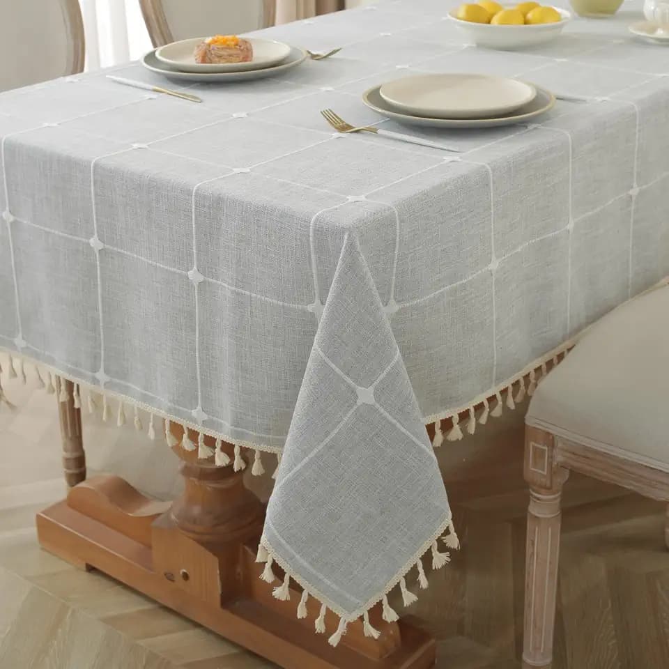 Alsoo Gray Plaid Tablecloth Rectangle 55 x 120 Inch, Boho Waterproof Washable Wipeable Table Cloth Cotton Linen Heavy Duty Fabric for Kitchen Dining Party Christmas