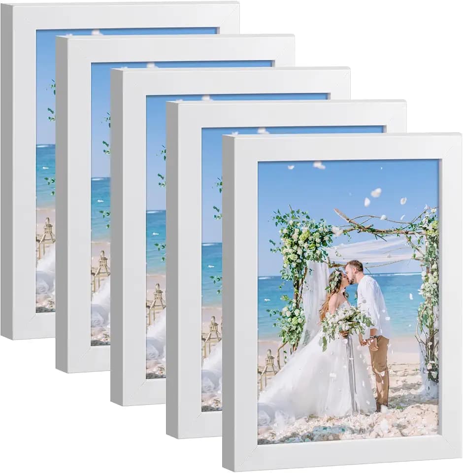 HappyHapi 4x6 Picture Frame Set of 5, Wall or Tabletop Display, White