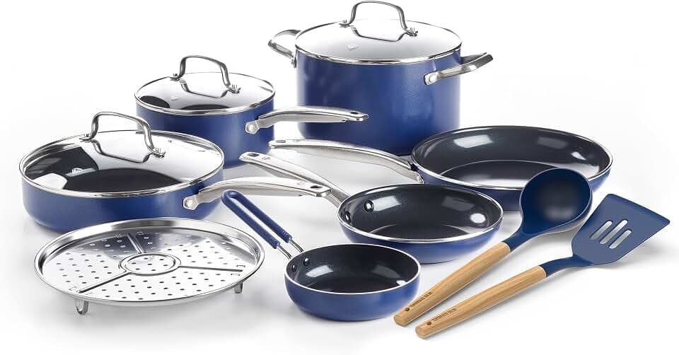 Blue Diamond 12 Piece Nonstick Cookware Set, Diamond Ceramic Pots & Pans, Dishwasher & Metal Utensil Safe, Non Toxic PFAS-Free, Kitchen Cooking Sauce & Saute Pans, Oven & Broiler to 600F, Blue